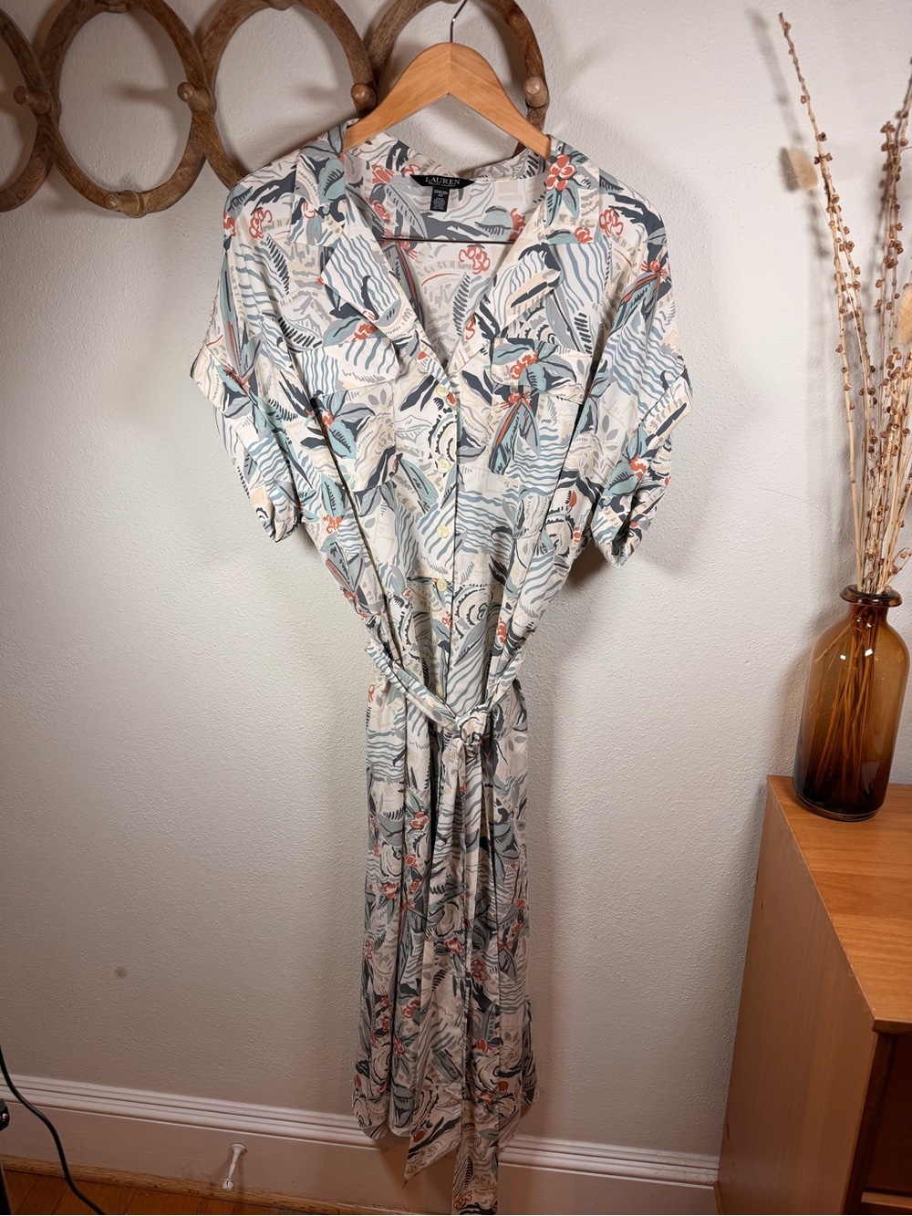 Lauren Ralph Lauren Plus Size 20W Tropical Belted Shirt Dress Button Front